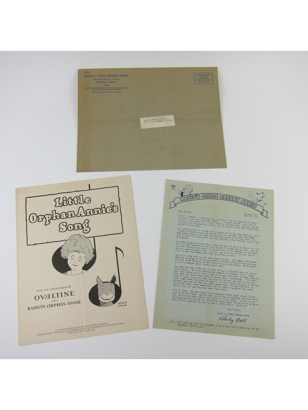 Little Orphan Annie's Song Sheet Music Ovaltine Letter & Envelope Vintage 1931